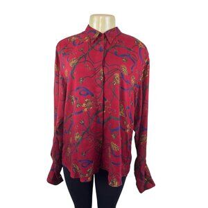 Graham & Gunn Red Button-Up Shirt With Gold & Blue Abstract Print Sz 14